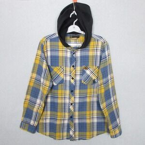 Rocawear Mens Plaid Flannel Hoodie Shirt Blue Yellow Long Sleeve Button Up M